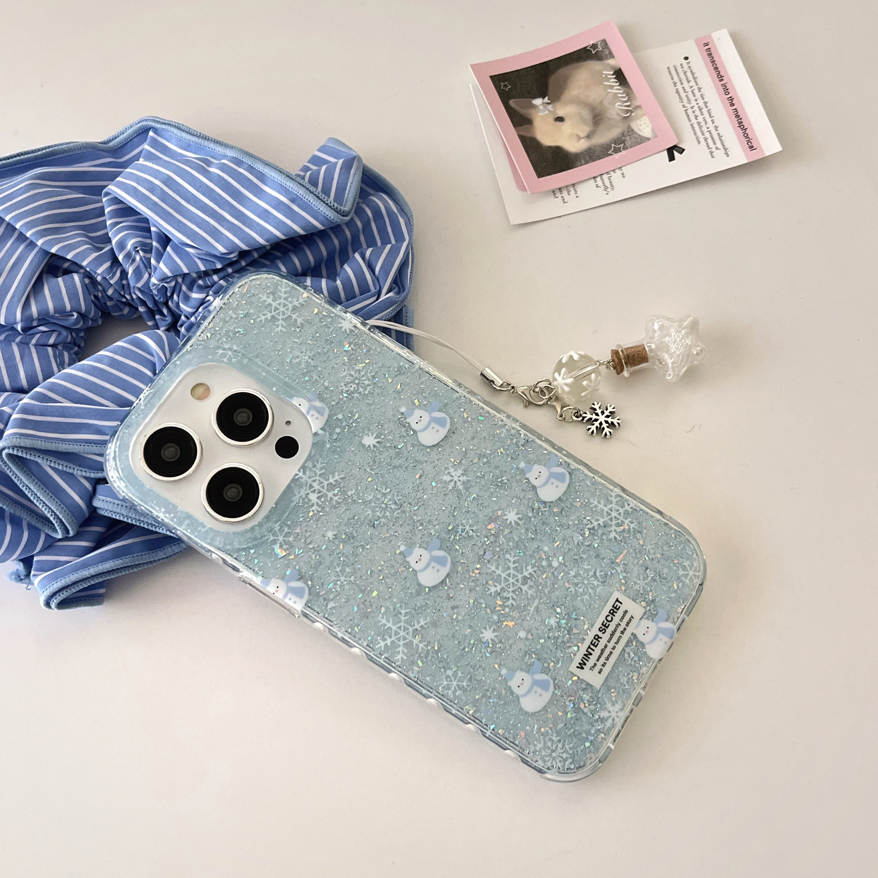 Ins Blue Snowflake Snowman Transparent Glitter Powder Pendant Phone Case for iPhone 16 15 14 13 Pro Max 12 Back Cover Funda