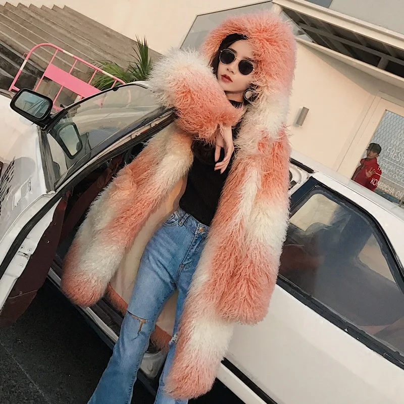 2023 Autumn Winter New Women Gradient Color Faux Fur Coat Soft Long Parkas Female Fashion Casual Hooded Thicken Warm Outwear