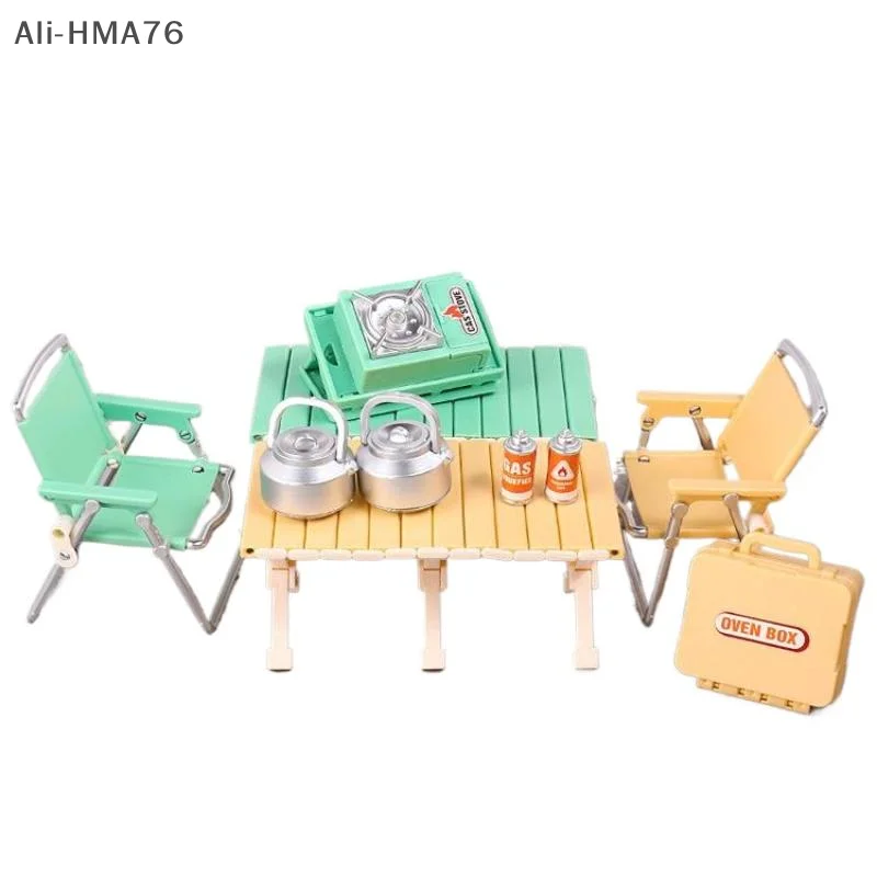 1 Set 1:12 Dollhouse Miniature Plastic Camping Picnic Set Folding Chair Gas Stoves Model Decor Toy Doll House Accessories