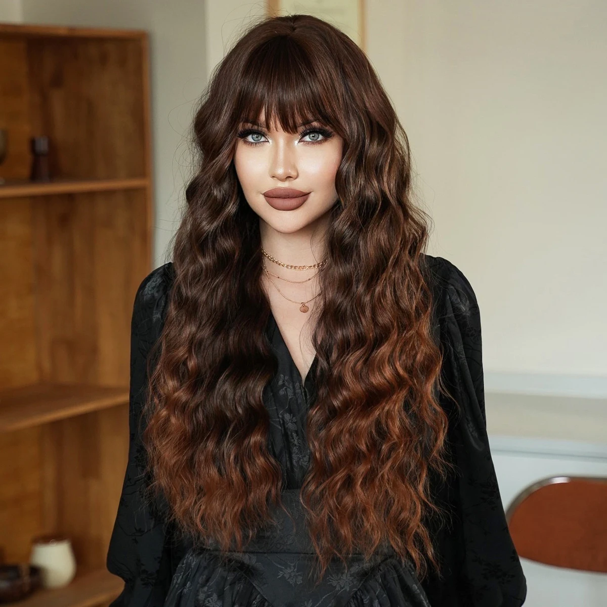 7JHH WIGS Routine Wigs Long Deep Wave Ombre Brown Wigs with Bangs High Density Fluffy Heat Resistant Synthetic Hair Wig