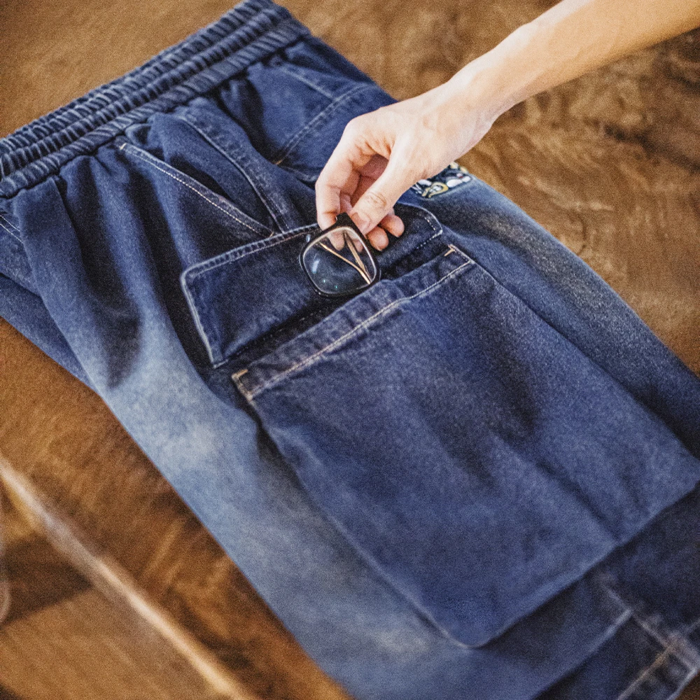 Vintage Heavyweight Embroidered Denim Shorts Men's Spring Summer Loose Fit Elastic Waist Cargo Street Shorts men jeans,denim pants,denim shorts,summer jeans shorts