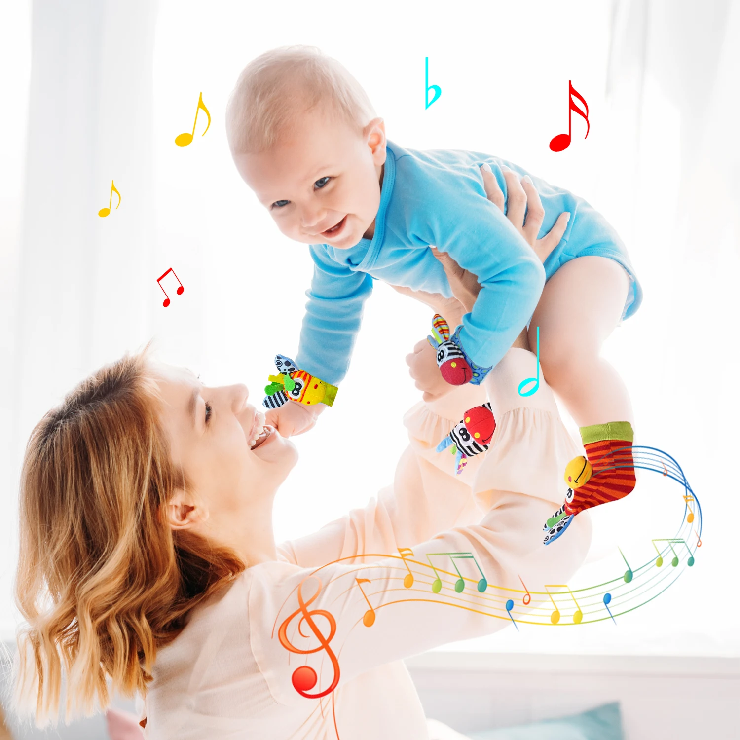 4PCS Baby Rattles Toys 0-12 Months Baby Toys Animal Socks Wrist Strap Sock Set Rattle Baby Foot Socks Sensory Toys for Babies 6