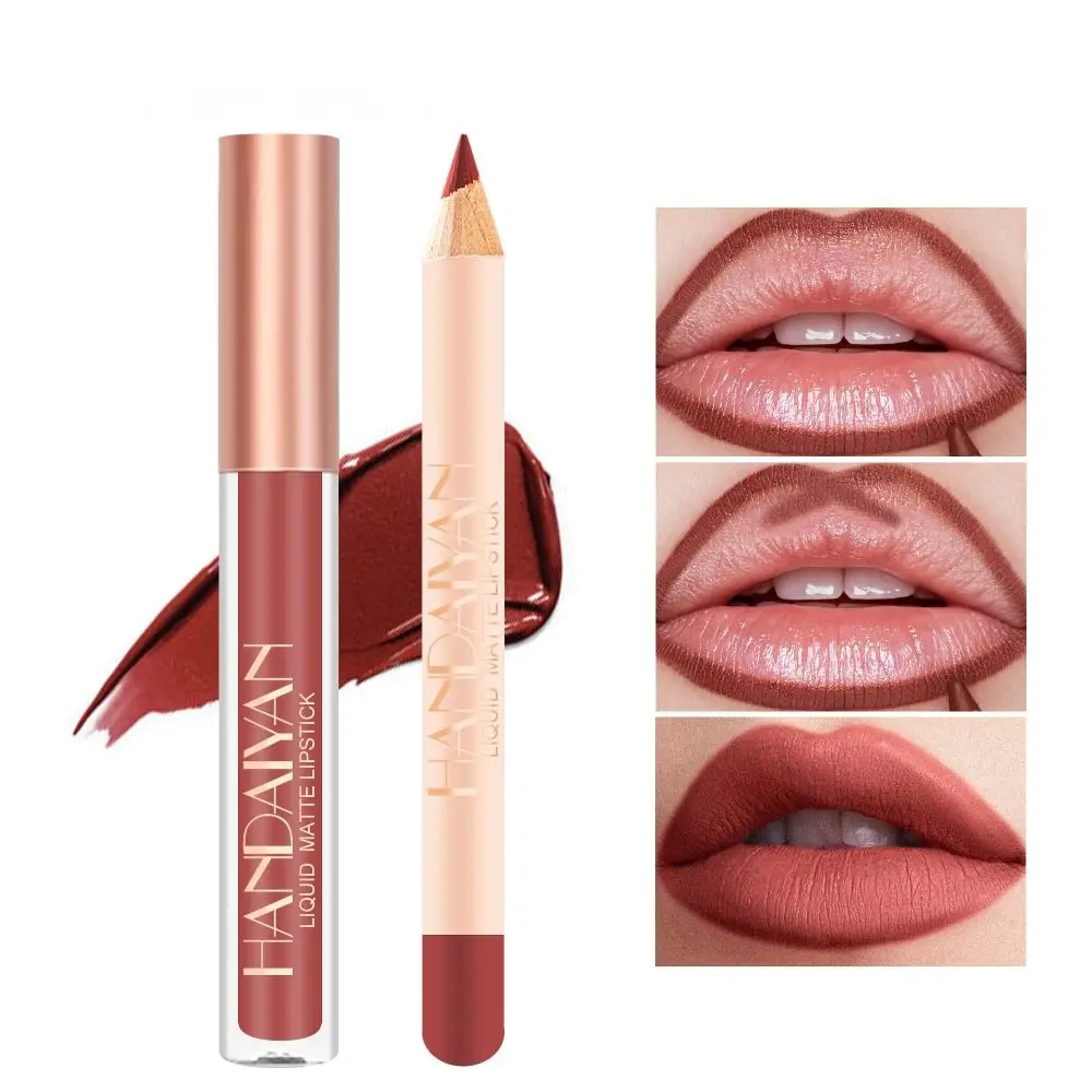 2pcs/set Matte Velvet Lip Gloss Lip Liner Pencil 2 In 1 Waterproof