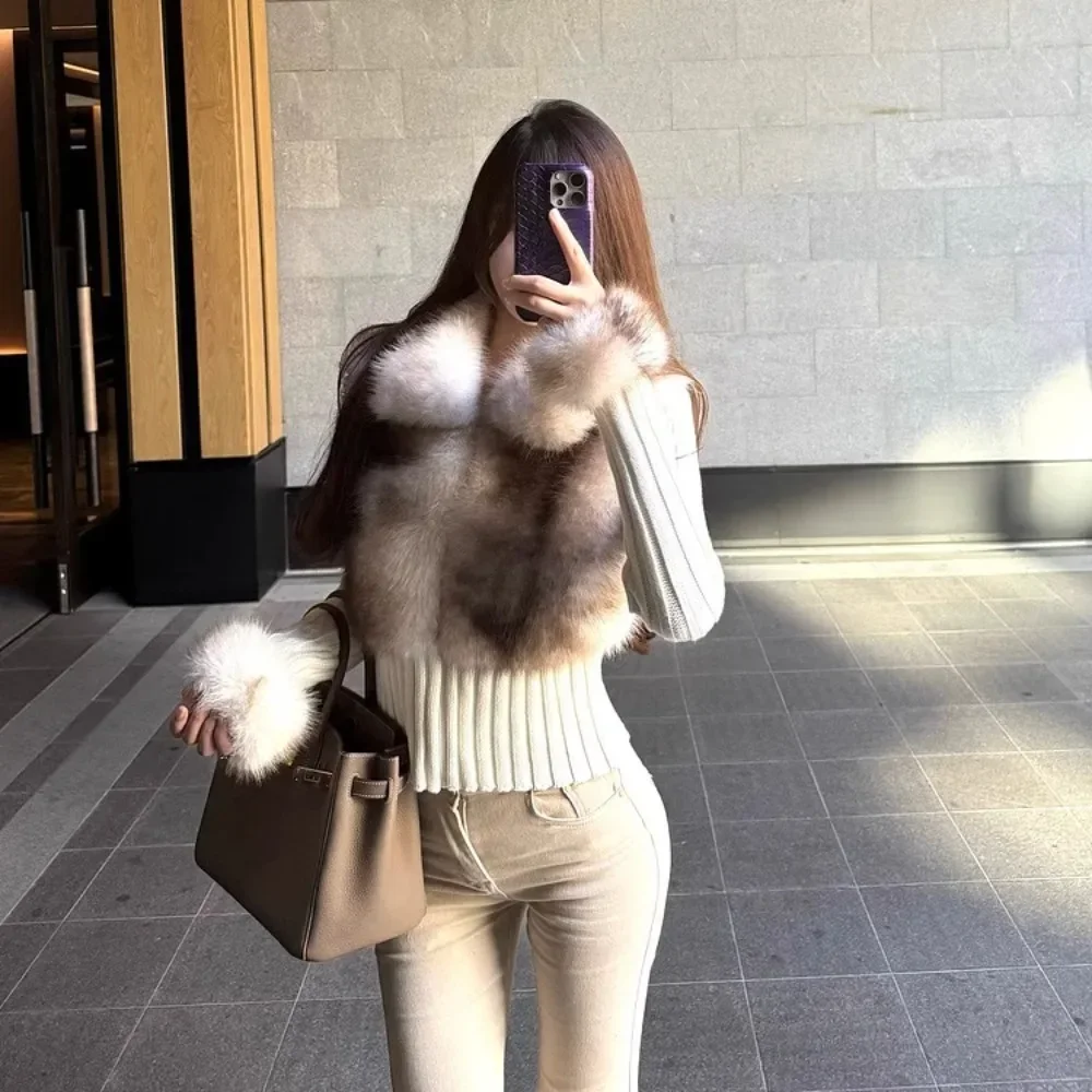 OFTBUY فو الفراء سترة المحاصيل سترة مصمم تريكو الربيع محبوك دعوى سترة المرأة طويلة الأكمام محبوب الجمالية خمر