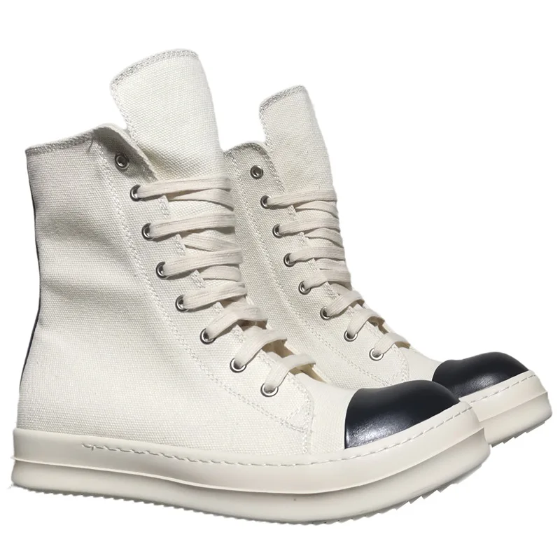 

Classical Black Toe White Canvas Couple Shoes For Women Men Spring Autumn Big Size Flat Sneakers Height Increased Hiking Boots