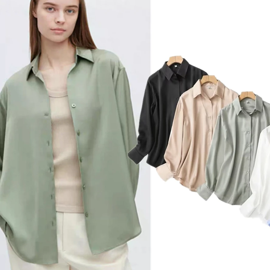 Withered Multicolor England Style Simple Solid Satin Shirt Office Lady Fashion Basic Blouse Women Tops