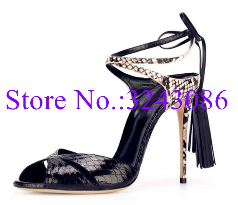

Sexy Snakeskin Leather Lady Sandals New Design Thin Heel Tassel Gladiator Sandals Woman Pumps Female Fashion Party Shoes