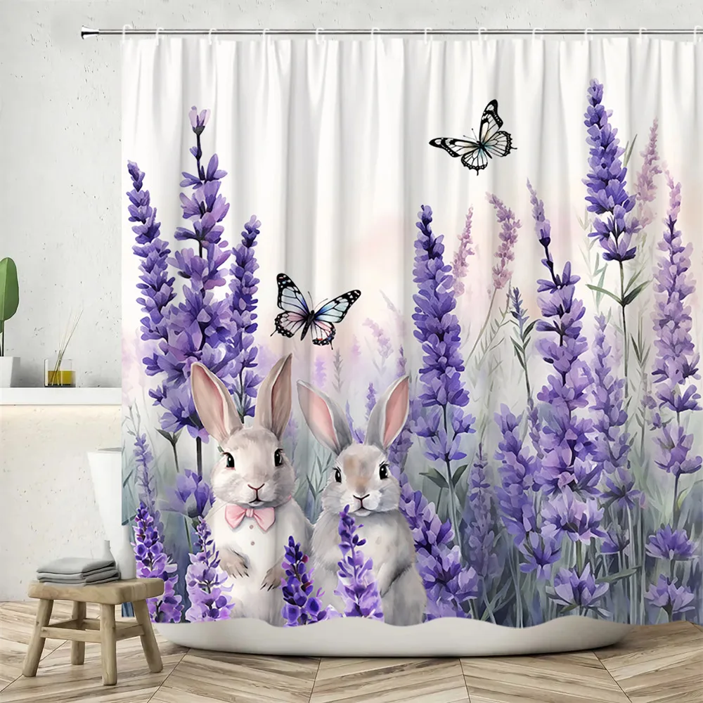 

Lavender Flower Shower Curtain, Spring Flower Butterfly Farm Daisy Animal Bunny Cat Cute Wood Panel Print Bathroom Decoration