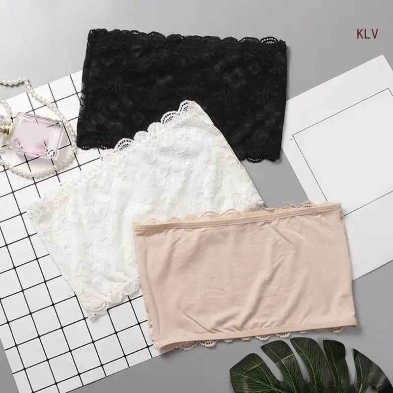 Womens Strapless Bandeau Crop Tube Top Bras Sexy Flower Lace No Padded Chest Wrap Basic Bralettes Underwear Intimates