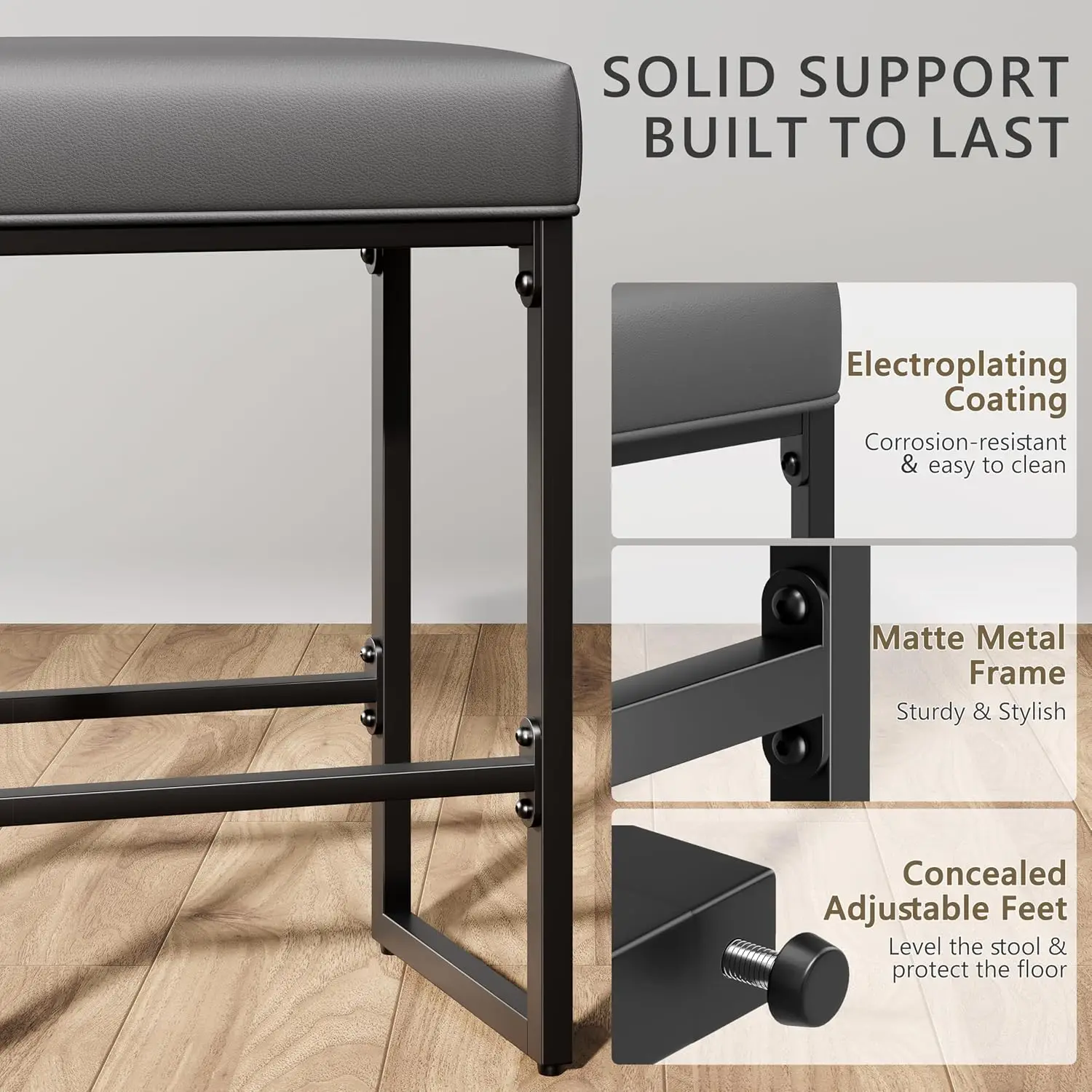 24 Inch Bar Stools Set of 2, Counter Height Bar Stools for Kitchen Island, Synthetic Leather Backless Barstools with Thick Seats
