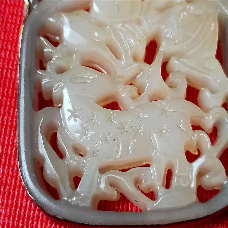 Handicraft old silver bag jade hollow deer white jade brand patina