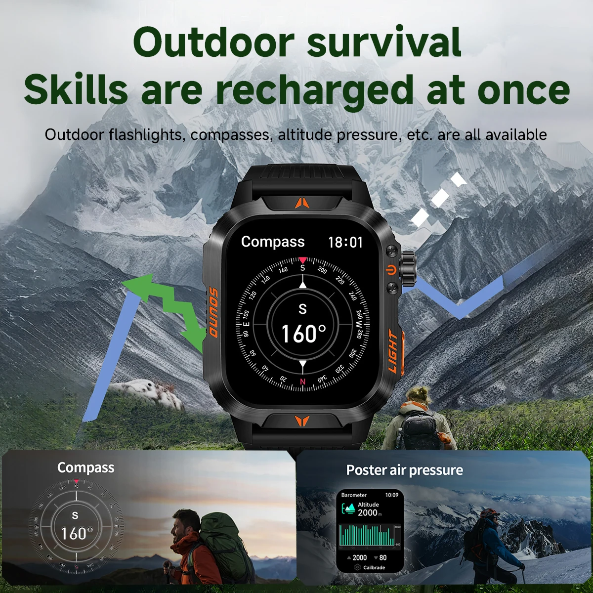 2024 Smart Watch 2.01 Screen Outdoor Flashlight Compass IP68 Waterproof Wireless Calling 600mAh 100+Sport Mode 6