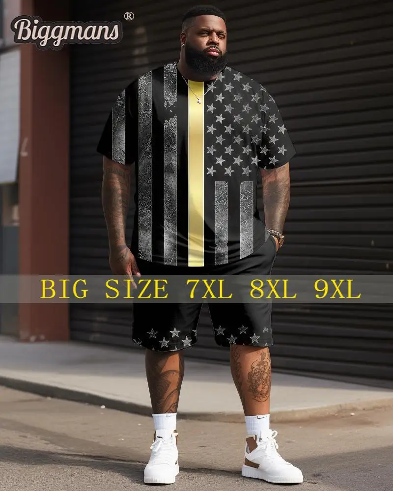 Biggmans L-9Xl T-Shirt Sets For Men's Clothing Independence Day Flag Print Large Short Sleeves Shorts Big Plus Size Top Suit 8Xl