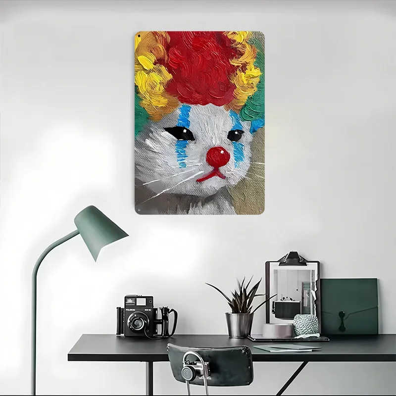 슬픈 광대 고양이 그림 틴플레이트 포스터 맞춤형 벽 예술 레트로 빈티지 금속 표지판 가정 방 게이머 장식 게임용