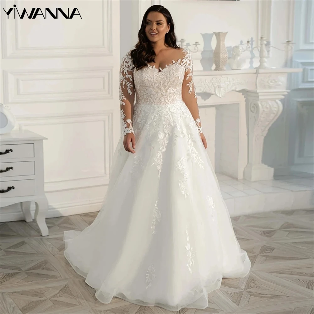 

YIWANNNA Plus Size Wedding Dress Bride Robe Long Sleeve Sweep Train Bridal Gown Elegant Lace Appliques Long Robe De Mariée