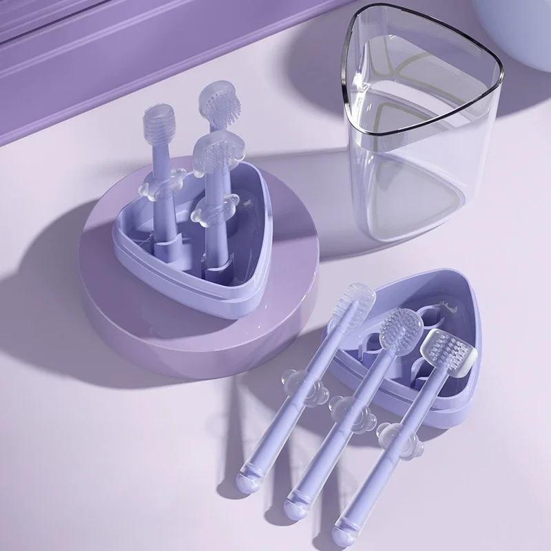 Baby Toothbrush Baby Teeth Cleaning Tool 3pcs Baby Teeth Oral Care Cleaning Set Baby Soft Bristle Toothbrush Infant Silicone Toothbrush Tongue Coating Care Cleaning