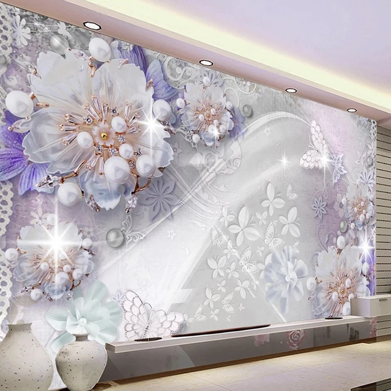 Custom Modern Creative 3D Wall Mural Wallpaper Luxury Pearl Flower Butterfly Pattern For Living Room Bedroom TV Background Decor