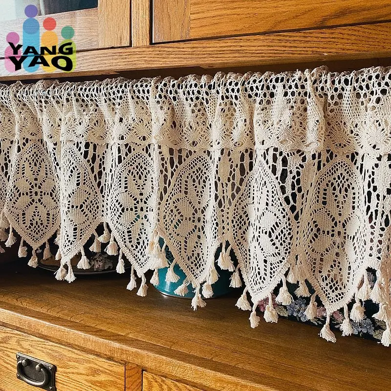 

Rustic Crochet Curtains Rod Pocket Hollow Sheer Valance Cotton Lace Curtains with Tassel for Window Kitchen Farmhouse Home Decor