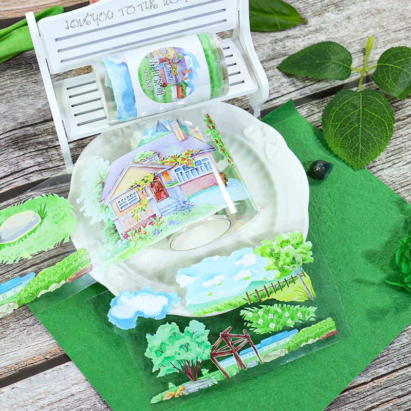 7cm*2m 시골 녹지 PET 와시 테이프 마을 투명 롤 스티커 장 갈매기 테이프 스크랩북킹 저널용