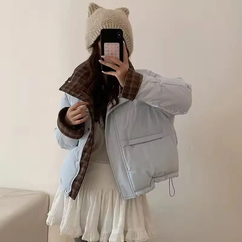Winter Patchwork Parkas for Women Winter Warm Large Lapel Crop Coats Y2K Korean Sweet Preppy Loose Puffer Outerwear Mujer