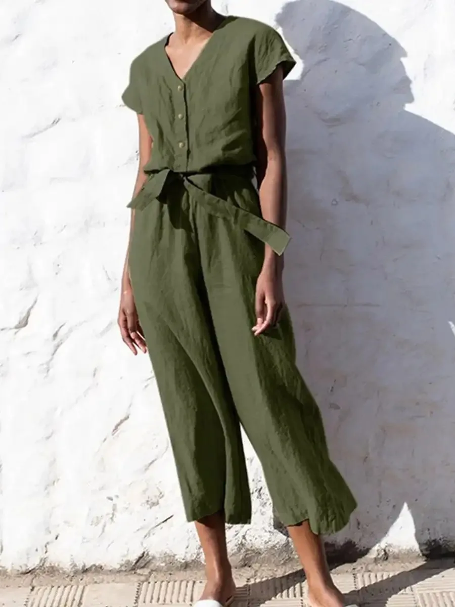 Jumpsuit Women 2023 Solid Color V Neck Short Sleeve Lace-up Playsuit Overall Casual Ladies Elegant Loose Long Pants Rompers