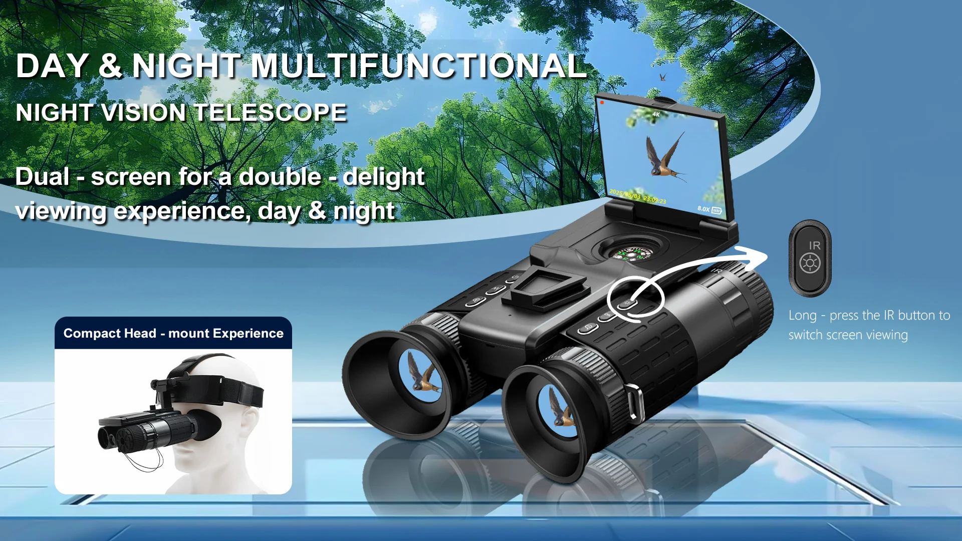 4K Hunting Night Vision Binoculars Camera with Tactical Light 600m Range 8X Zoom