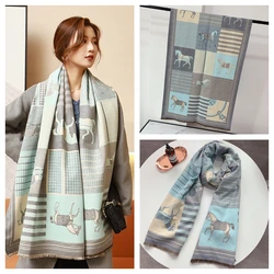 Women's Luxury Horse Pattern Cashmere-Feel Shawl - Soft, Warm, Retro & Classical Blanket Wrap (07-Y6-blue)