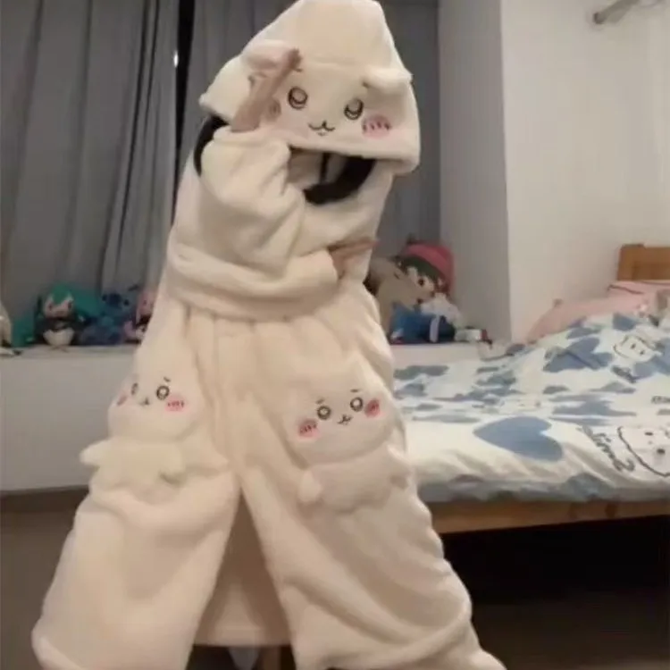MINISO Adult Chiikawa Cosplay Costume Robes Kigurumi Jiyikawa Onesie Anime Nightgown Halloween Cartoon Pajamas