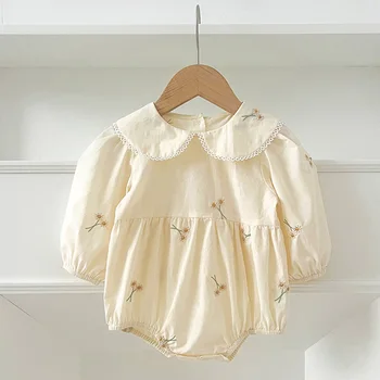Spring 0-24M Baby Girl Clothing Toddler Baby Girl Romper Embroidery Flower Dots Cotton Romper White Infant Baby Girls Jumpsuit 1