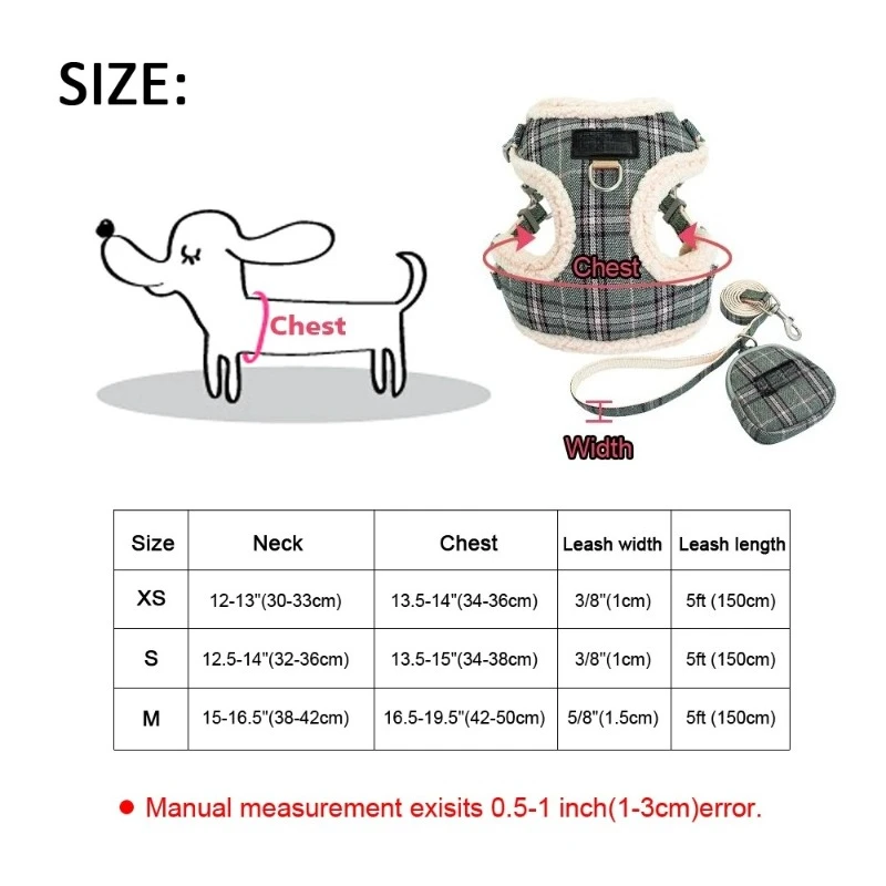 Breathable Dog Harness Leash Bag Set Winter Warm Dog Fur Harnesses Vest Pet Walking Rope with Garbage Bag for Small Medium Dogs