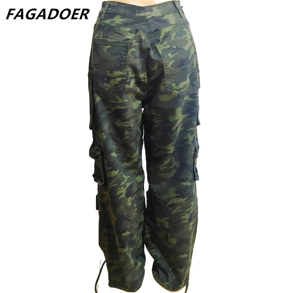 FAGADOER Autumn Casual Camouflage Printing Pocket Cargo Pants Women High Waisted Button Straight Trousers Female Sporty Bottoms