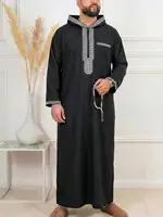 Muslim Men's Black Hooded Zippered Embroidered Robe for Festival Prayer And Worship Clothing
