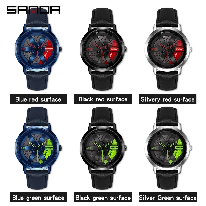SANDA Fashion Wheel Series Dial Men Watches Waterproof Quartz Movement Wristwatch Casual Leather Watch Relogio Masculino P1075
