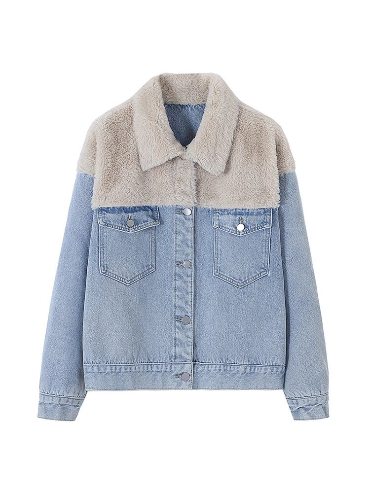 

New Fall Winter 2022 Fashion Rabbit Hair Denim Jacket Women Thick Loose Coat Trendy Button Up Overcoat Female Casual Jacket Coat