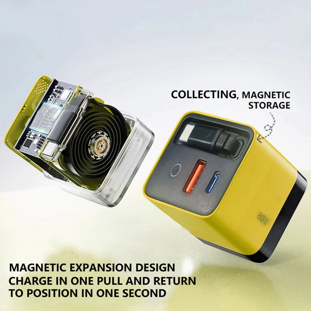 3 in 1 Fast Charger Portable Adapter 80w Max Retractable Phone with Type-C Cable and 2 USB Ports Quick Charger GaN Charger