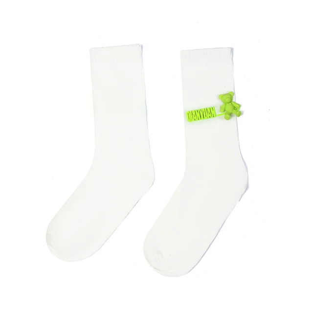Black and White Pure Color Tube Socks Female Pin Bear Lovely Personality Tide Socks INS Korean Students Long Tube Cotton Socks 18