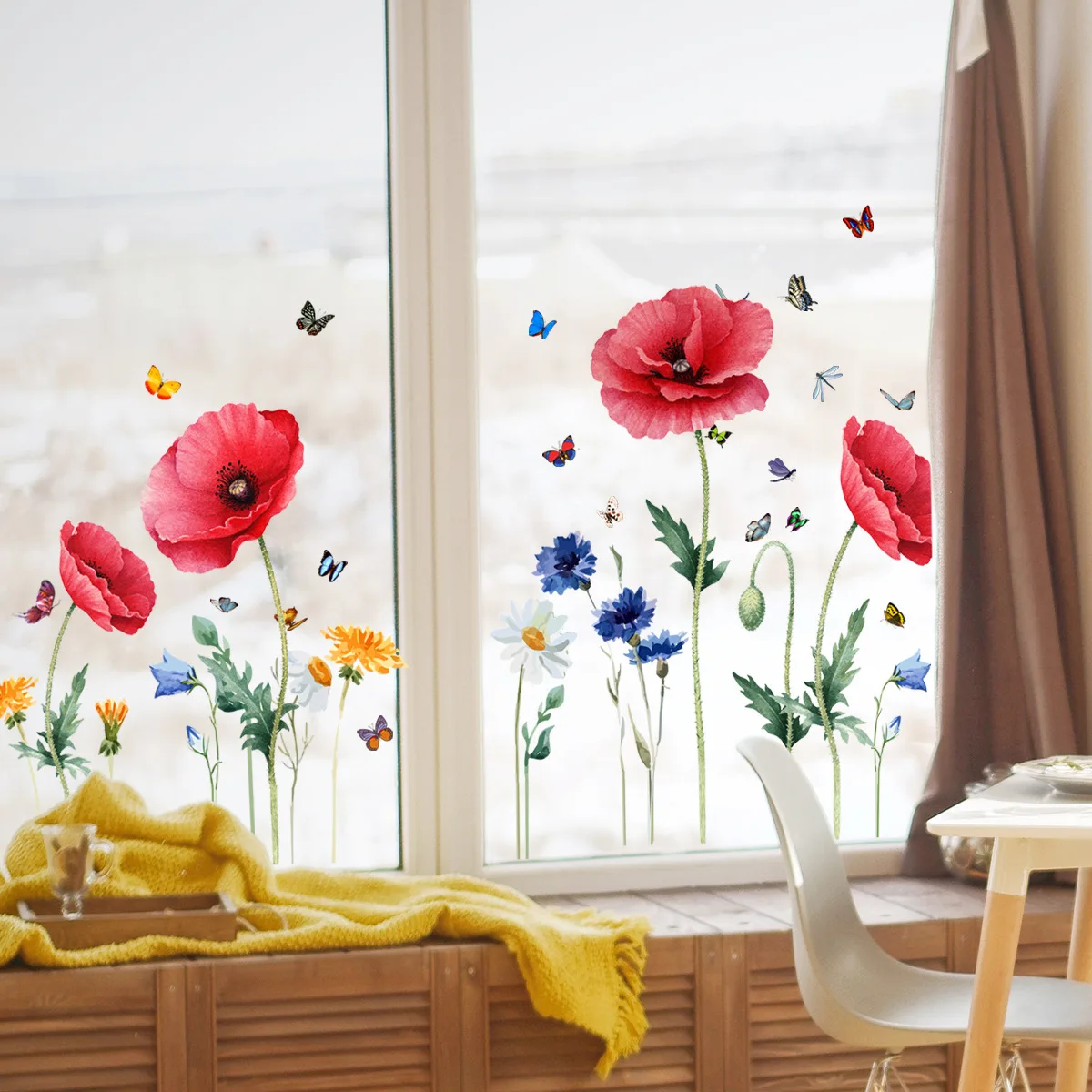 2pcs Red Poppy Flower Butterfly Wall Sticker Electrostatic Paste Window Glass Paste Double Sided Visible Decorative Wall Decal 2pcs plastic steel door window silent copper groove wheel sliding door fittings glass door sliding rollers gf119