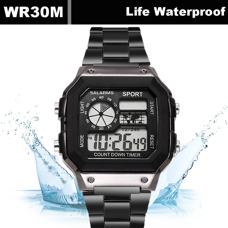 YIKAZE Digital Watch Men's Watch Stainless Steel Strap Countdown Sport Watches Waterproof Led Electronic Wristwatch for Men Gift 4