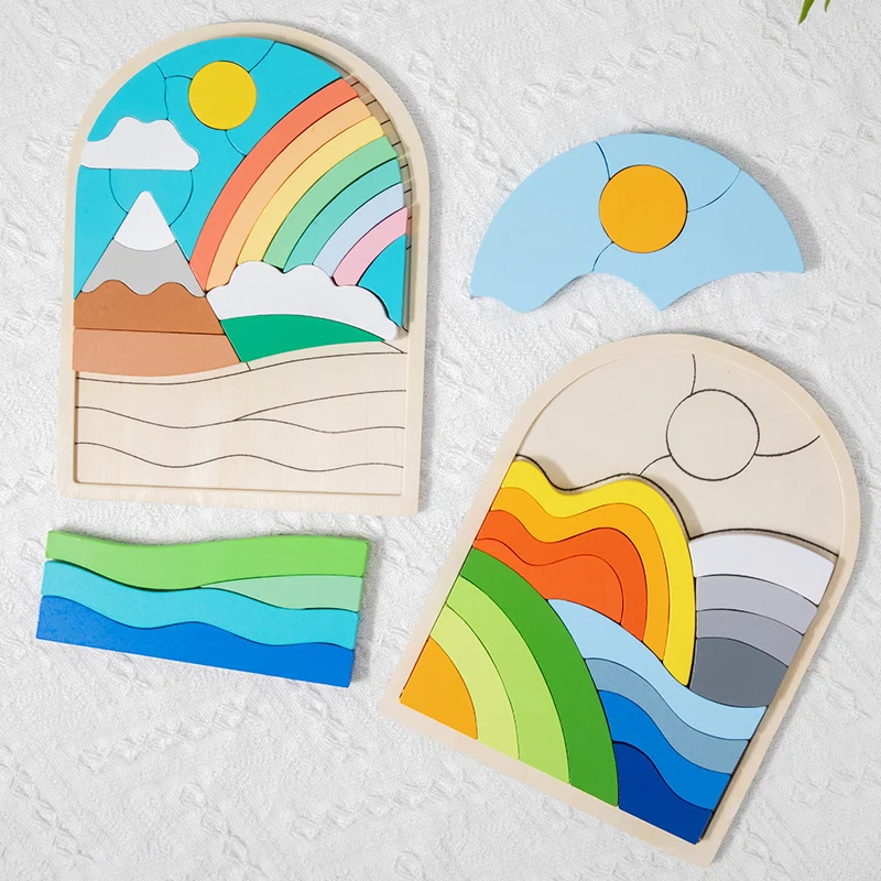 Wooden Rainbow Blocks Puzzle Rainbow Irregular Puzzles Shape And Color Cognitive Toys Early Educational Puzzle Toys 4
