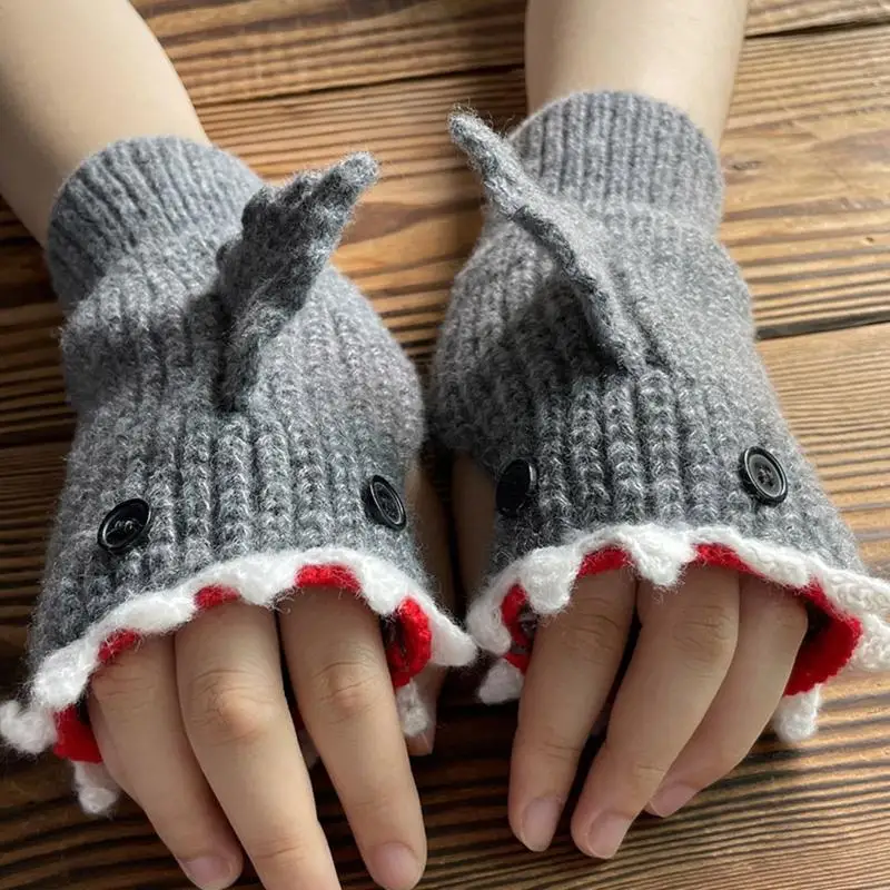 Knitted Gloves Winter Half Finger Mittens Stretchy Touchscreen Cartoon Shark Gloves for Kids Teens Christmas Presents