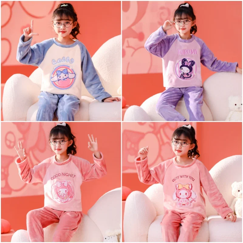 

Sanrios Cinnamoroll My Melody Kuromi Anime Cartoon Autumn Winter Children Girls Flannel Pajamas Coral Velvet Home Clothing Set