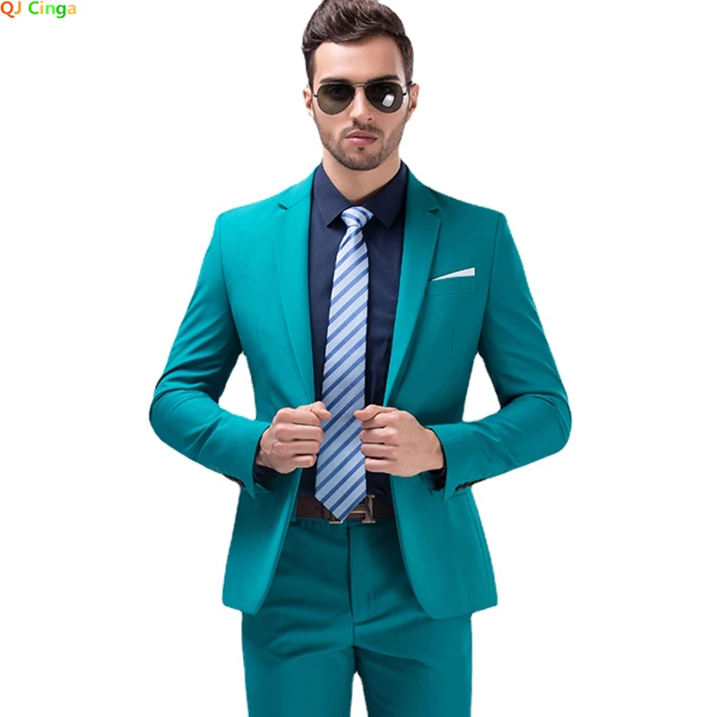 Men's Slim Suit 2 Piece Set (Jacket + Pants) Wedding Party Men Blazer Coat with Trousers Blue White Black Gray Purple