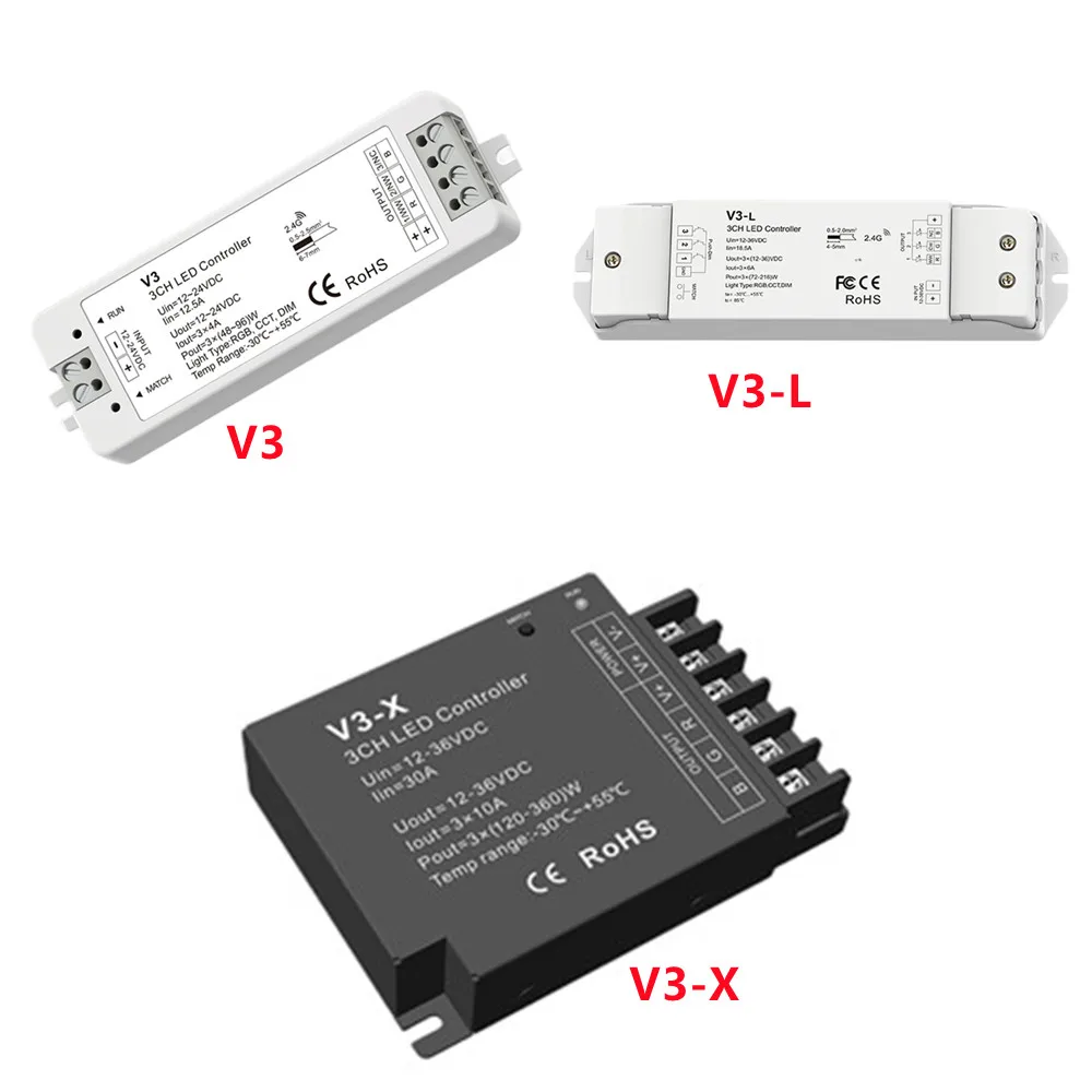 

0-100% Dimmer 2.4G RF 3CH CV Controller 4096 levels for single zone or multiple zone single color, dual color and RGB/RGBW strip
