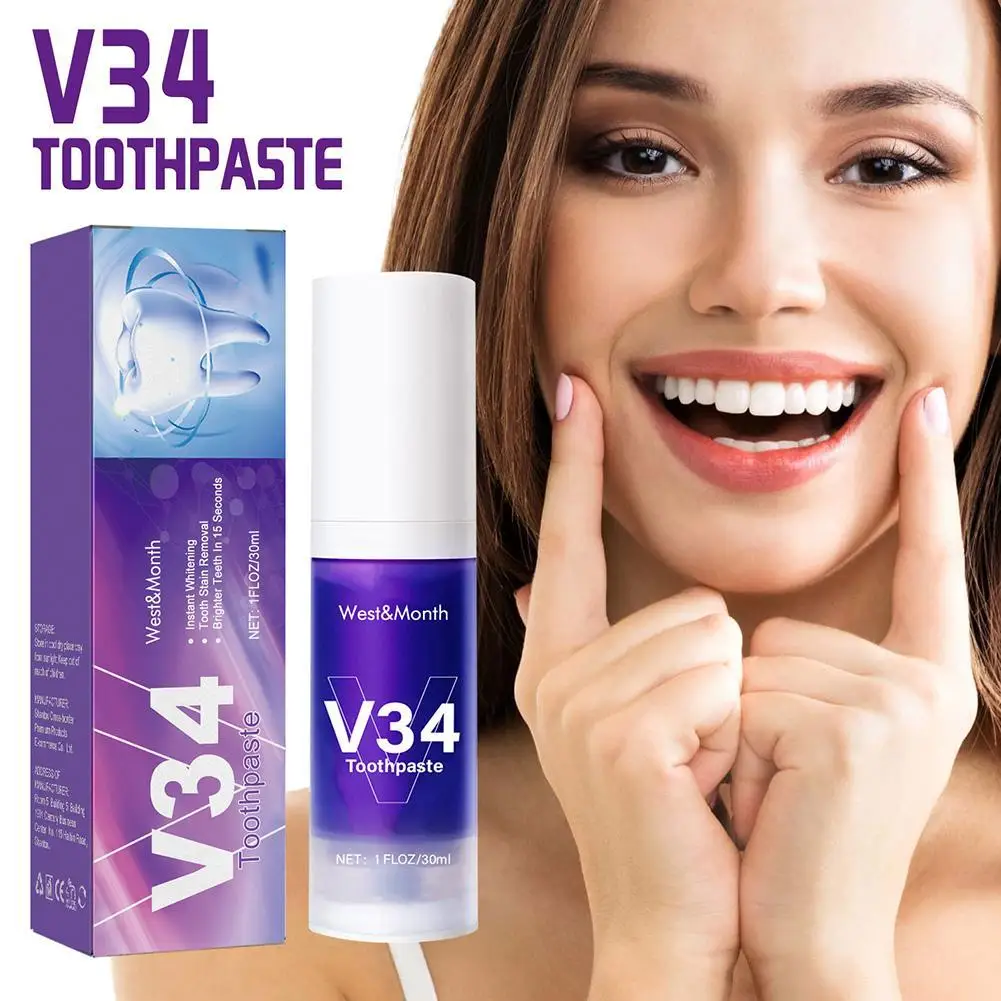 

V34 30ml Purple Whitening Toothpaste Remove Stains Reduce Yellowing Care For Teeth Gums Fresh Breath Brightening Teeth