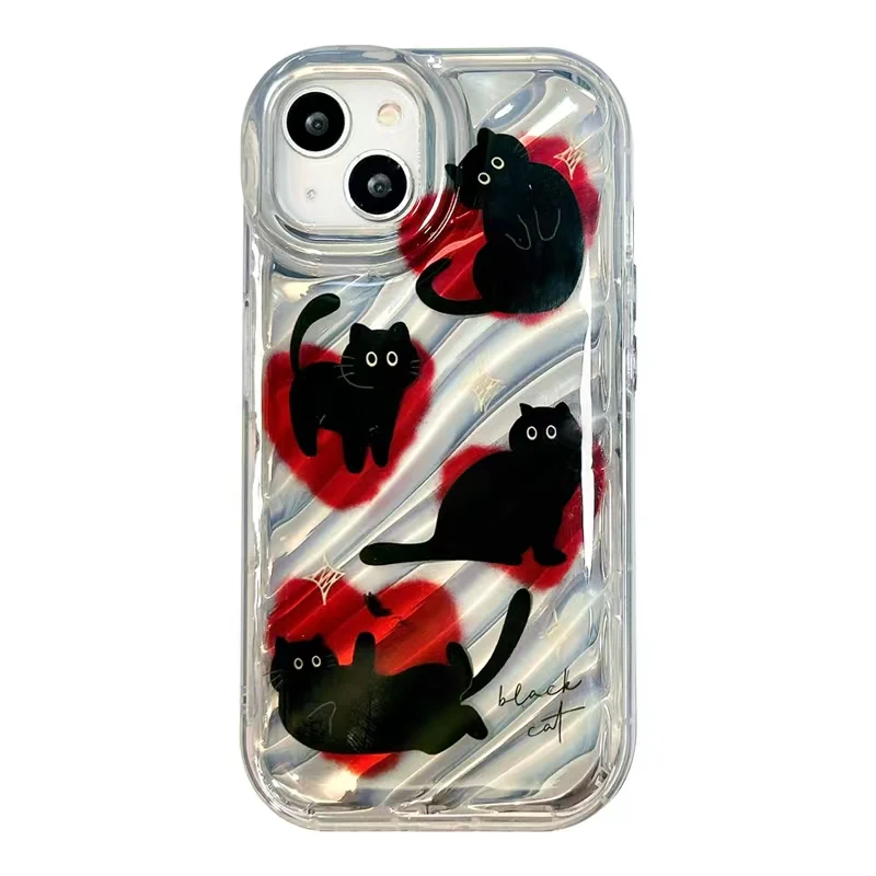 Korean INS Cool Black Cat Heart Liquid Silver Texture Case for