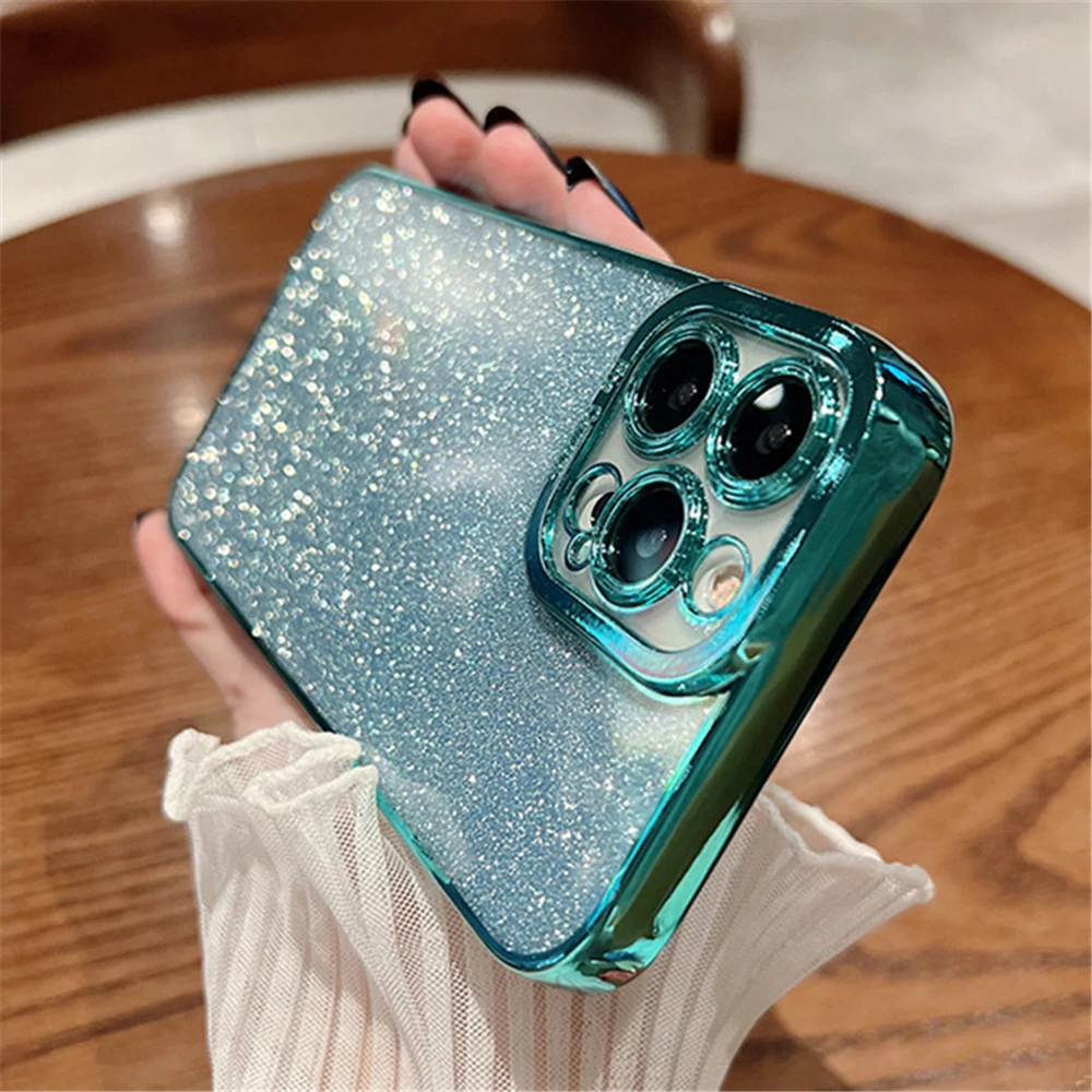 thumbnail image 1 of Luxury Plating Silicone Glitter Transparent Case For iPhone 15 14 11 12 13 Pro Max Mini XR X XS 6 7 8 Plus SE Shockproof Cover, 1 of 5