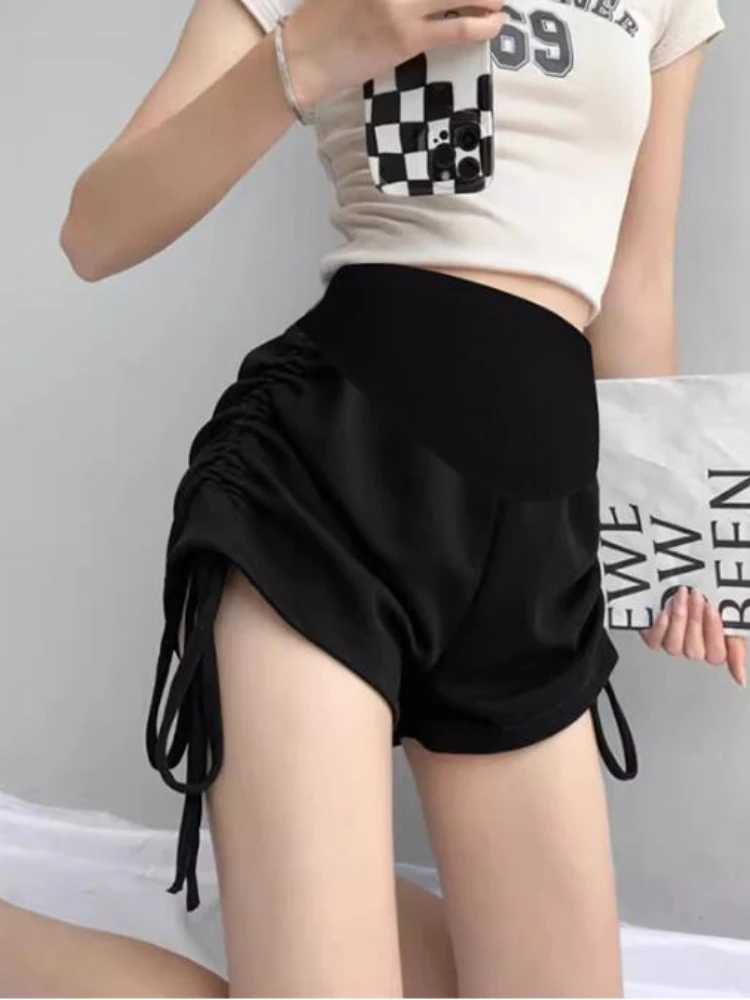 spring and summer maternity belly pants long loose casual pregnant woman empired trousers ankle length fashion pregnancy pants Korean Style Maternity Belly Shorts Irregular Side Drawstring Pleated Pregnant Woman Empired Pants Loose Casual Short Pants