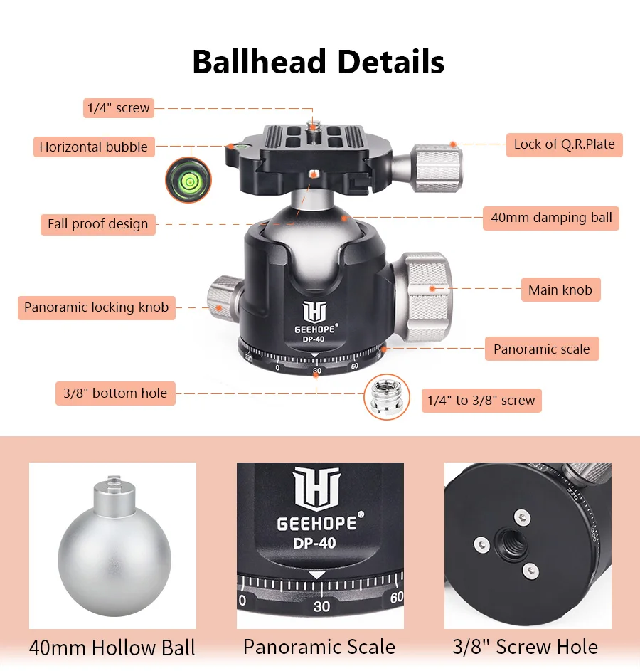 DP-40 40mm CNC 360° Panoramic Ballhead Low Gravity Center Tripod Head Load 23kg