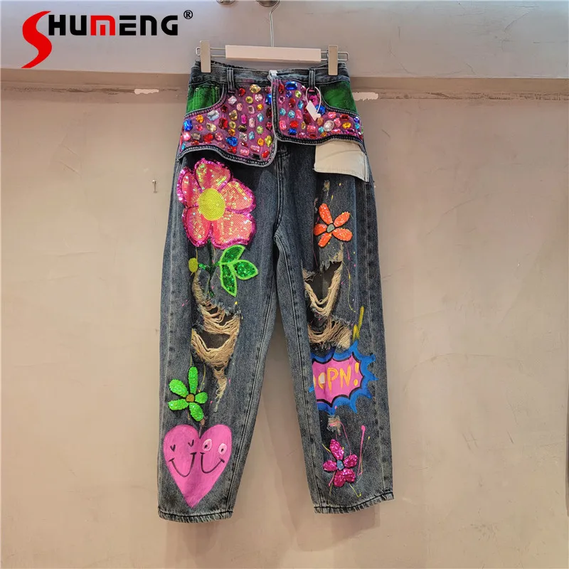 2023-autumn-new-heavy-industry-beaded-sequins-flower-hole-jeans-women-high-waist-loose-straight-denim-pants-high-street