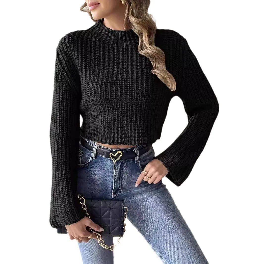 Women Knitted Sweaters Long Sleeve Cropped Slim Knitwear